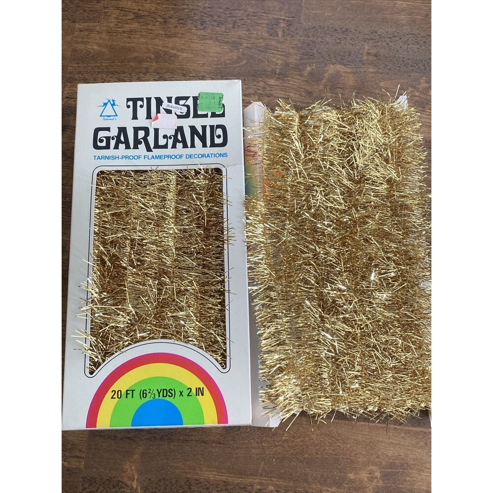 Vintage Christmas Garland Gold 30+ Feet 2” Box New Old Stock NEAT BOX Holiday